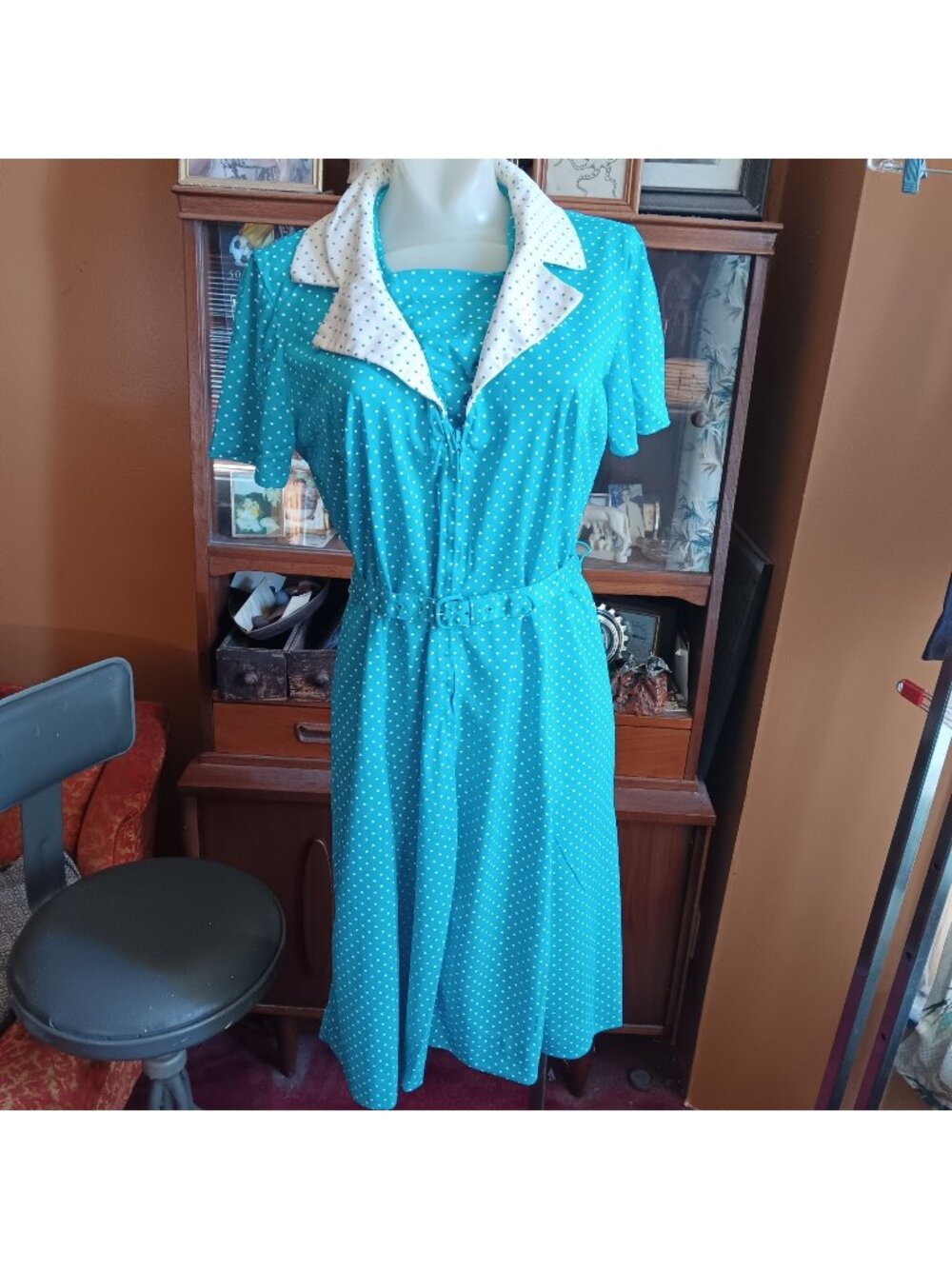 Vintage 70's Disco Dress 16 Large Polka Dot Belted True Casualmaker Sy Frankel